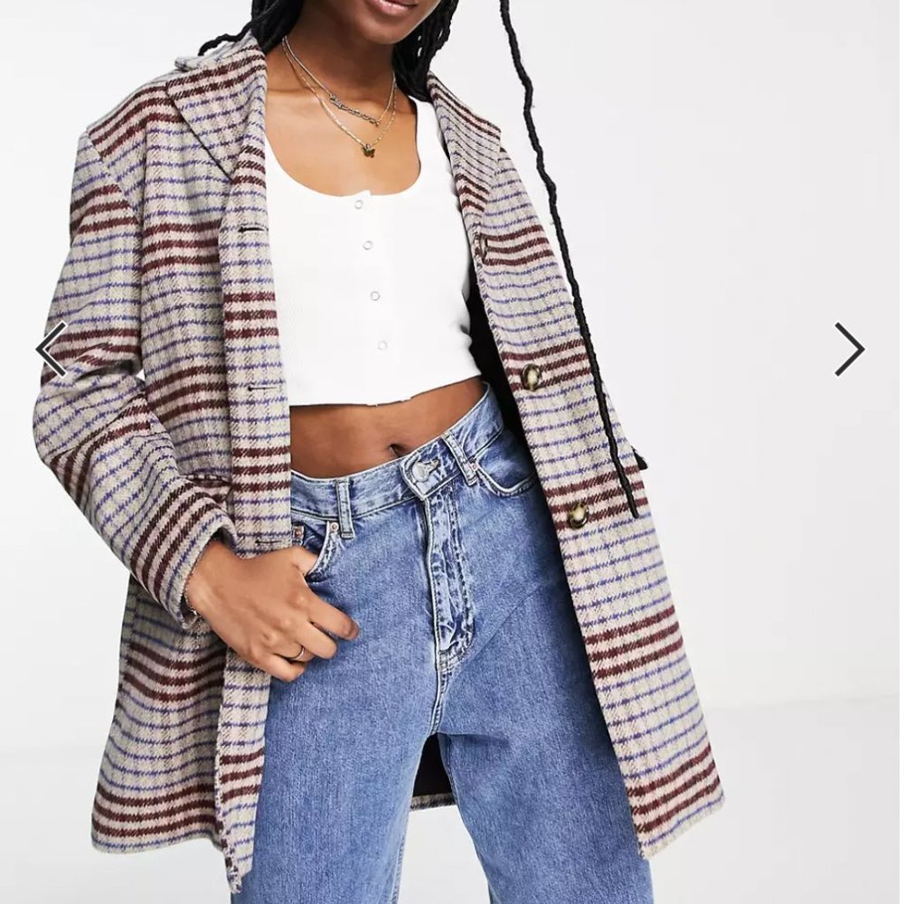 Monki boucle wool houndstooth outdoor blazer in brown